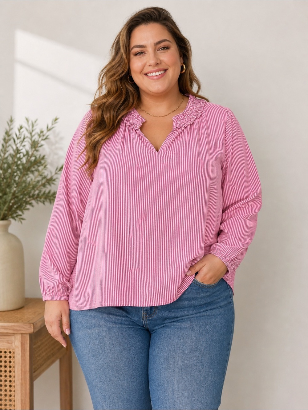 J. Crew Pink & White Striped Ruffle Split-Neck Top XXL Cotton Blend